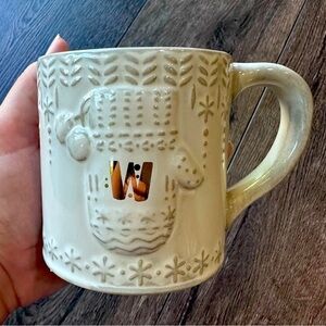 Anthropologie holiday mug Christmas mitten monogram initial “W”